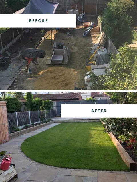 Back garden transformation showing a messy construction site before and a green lawn with patio after makeover
