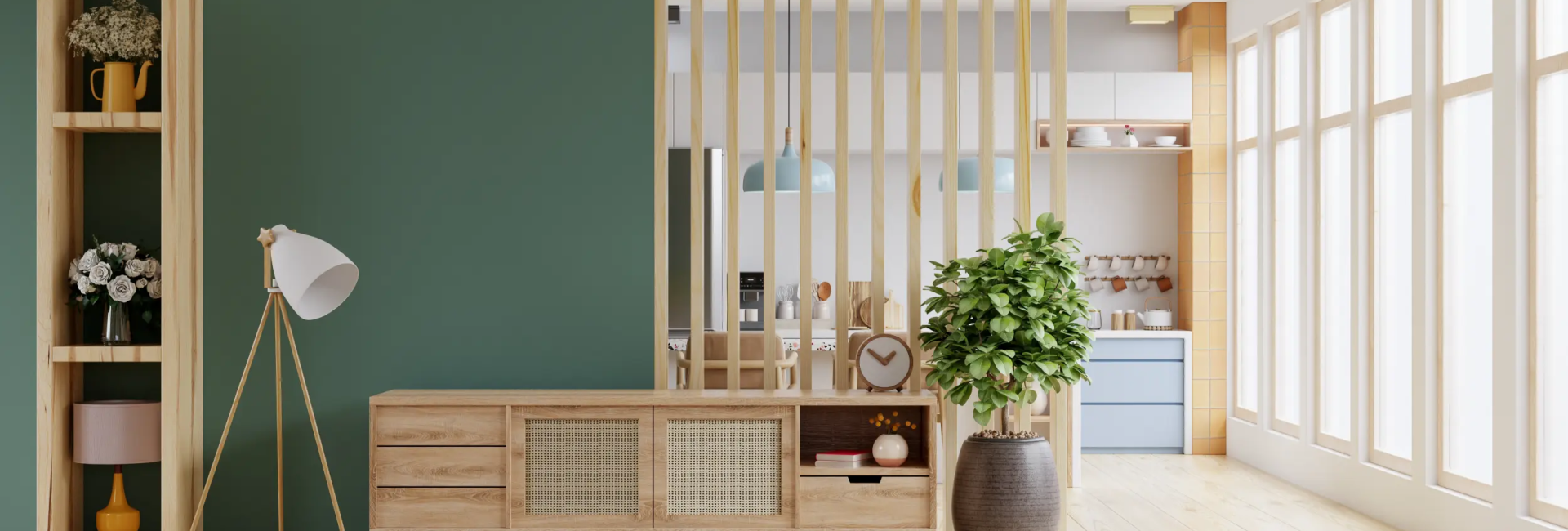 Modern living room with wooden furniture, green accent wall, floor lamp, and potted plant near a bright kitchen space