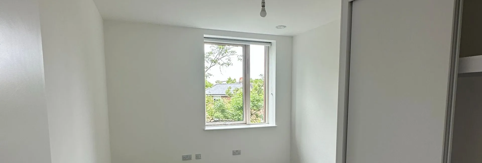 Modern minimalistic empty bedroom with white walls, grey carpet, and a window showcasing trees outside