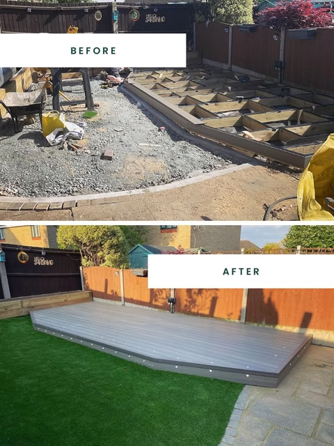 Garden before and after transformation showcasing new decking and artificial grass installation