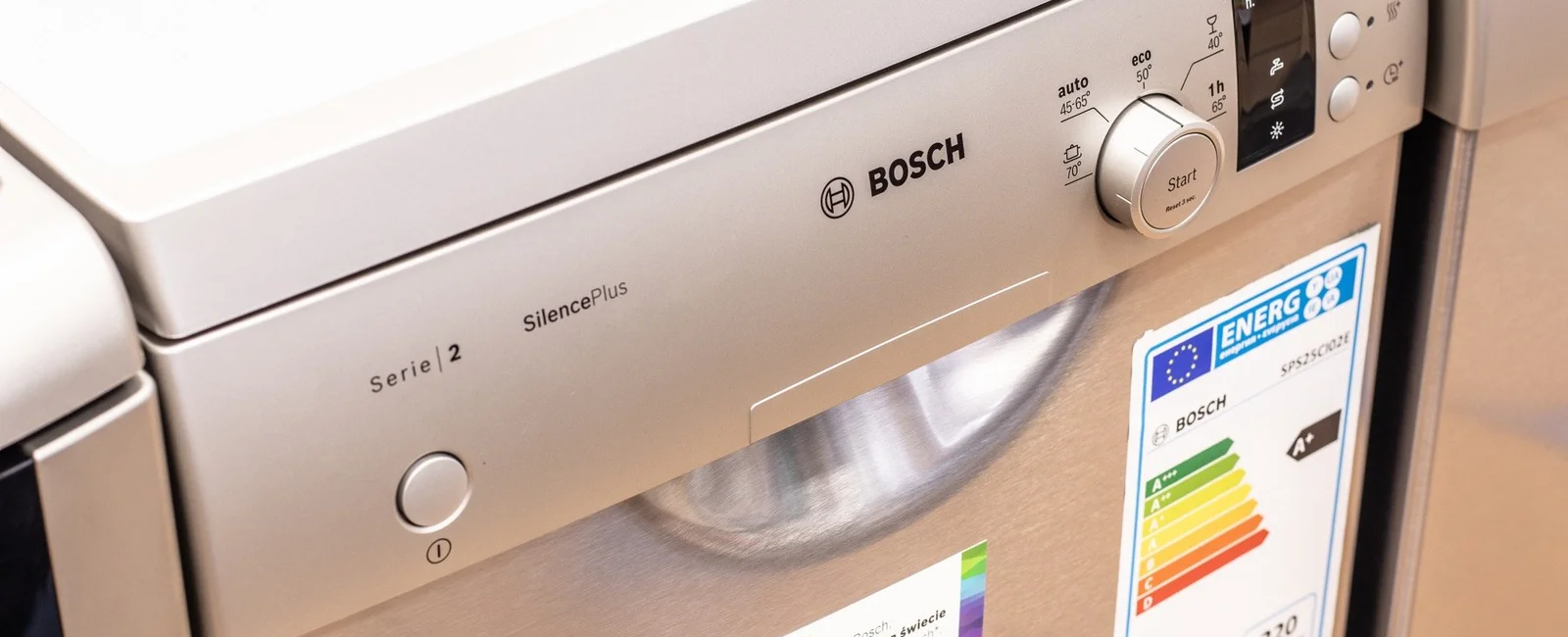 Bosch Serie 2 SilencePlus dishwasher with energy efficiency label and control panel features