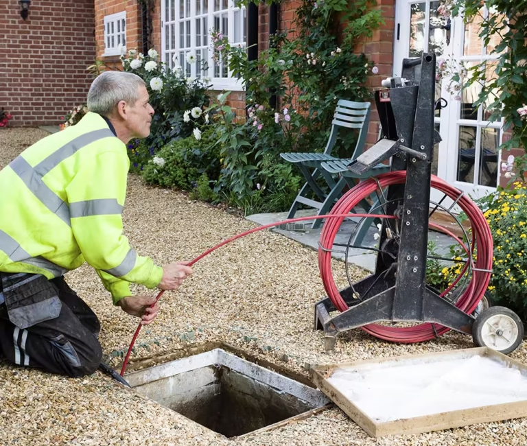 Man in high-vis vest uses reel to feed cable into drain for maintenance work in residential garden setting