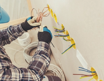 Electrician wiring outlets in wall, wearing gloves and plaid shirt, coiled cable on floor, working on electrical installation