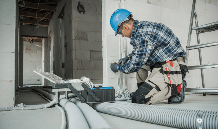 Electrician in a hard hat working on wiring installation in a building site, surrounded by tools and cables