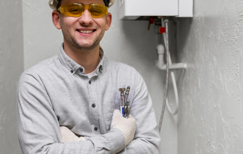 Smiling engineer with hard hat, safety glasses, and tools standing next to a modern boiler in a grey utility room