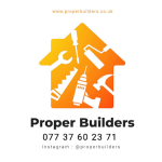 Logo of Proper Builders featuring tools in a house shape with contact details and website properbuilders.co.uk