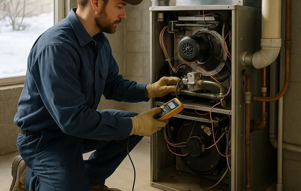 Technician inspecting furnace with diagnostic tool in workshop setting