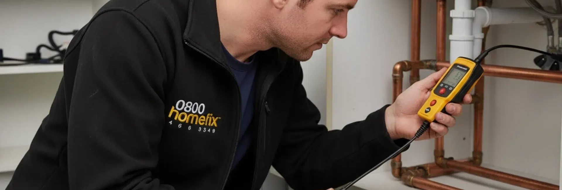 Plumber in uniform using a multifunctional meter to check pipes in a utility room with tools scattered on the counter