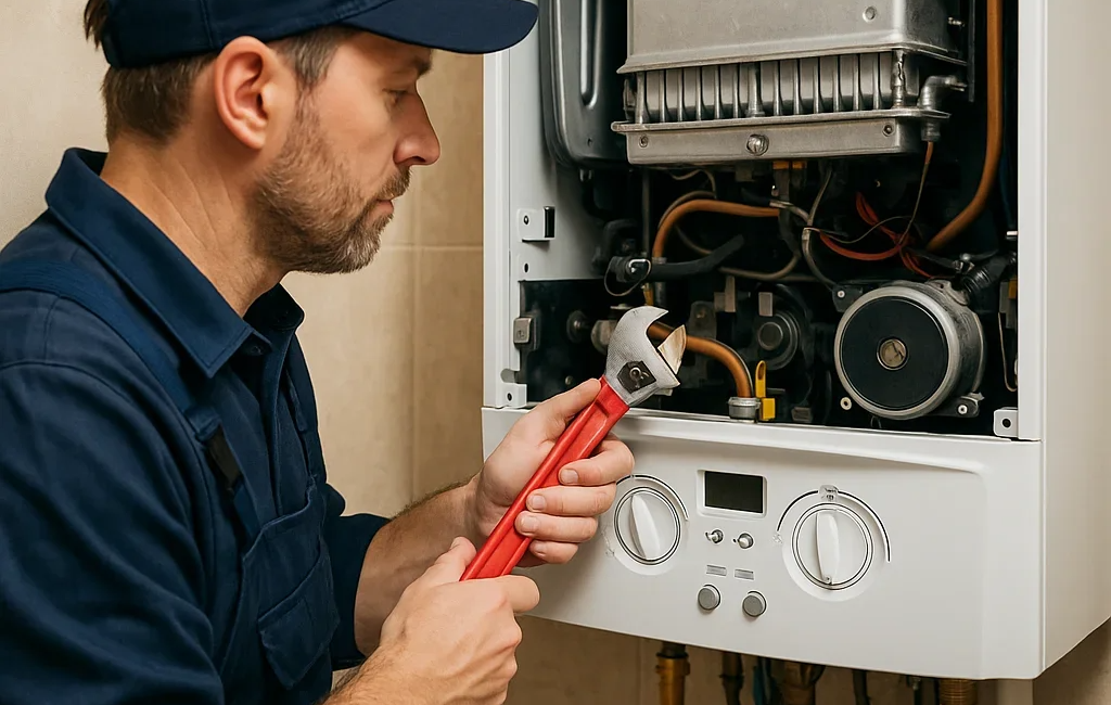 Plumber repairing residential boiler system with a wrench wearing blue overalls and cap