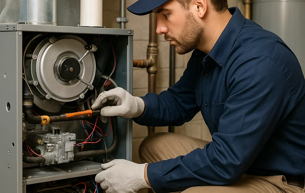 Technician in uniform inspecting furnace wiring for maintenance in basement setting