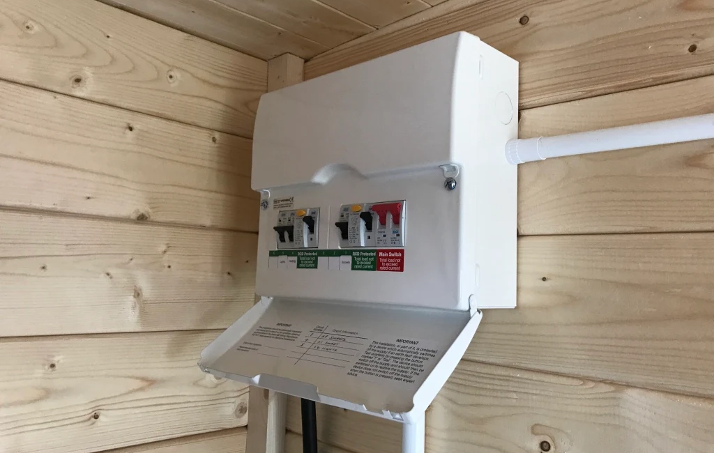 Electrical circuit breaker box on wooden wall in a cabin, showcasing safety switches and detailed instructions