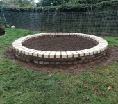 Circular garden bed with brick border on green lawn in enclosed backyard