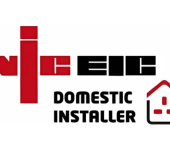 NICEIC Domestic Installer logo featuring red and black text with a house-shaped plug socket symbol on the right side