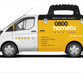 Van with 0800 Homefix branding for property repair services, featuring handyman, plumbing, electrical, and more.