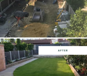 Back garden transformation showing a messy construction site before and a green lawn with patio after makeover