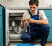 Plumber in blue overalls fixing a pipe under a kitchen sink with a toolbox on the floor
