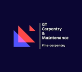 GT Carpentry & Maintenance logo featuring abstract red and blue geometric shapes on a dark background