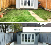 Before and after garden renovation with fresh turf and painted fencing for a modern outdoor transformation