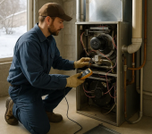 Technician inspecting furnace with diagnostic tool in workshop setting