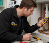 Plumber in uniform using a multifunctional meter to check pipes in a utility room with tools scattered on the counter
