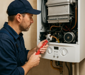 Plumber repairing residential boiler system with a wrench wearing blue overalls and cap