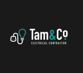 Tam & Co Electrical Contractor logo with plug and lightbulb icons on a black background