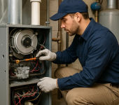 Technician in uniform inspecting furnace wiring for maintenance in basement setting