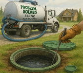 Septic tank maintenance truck servicing rural home with a worker using probe in the septic tank opening